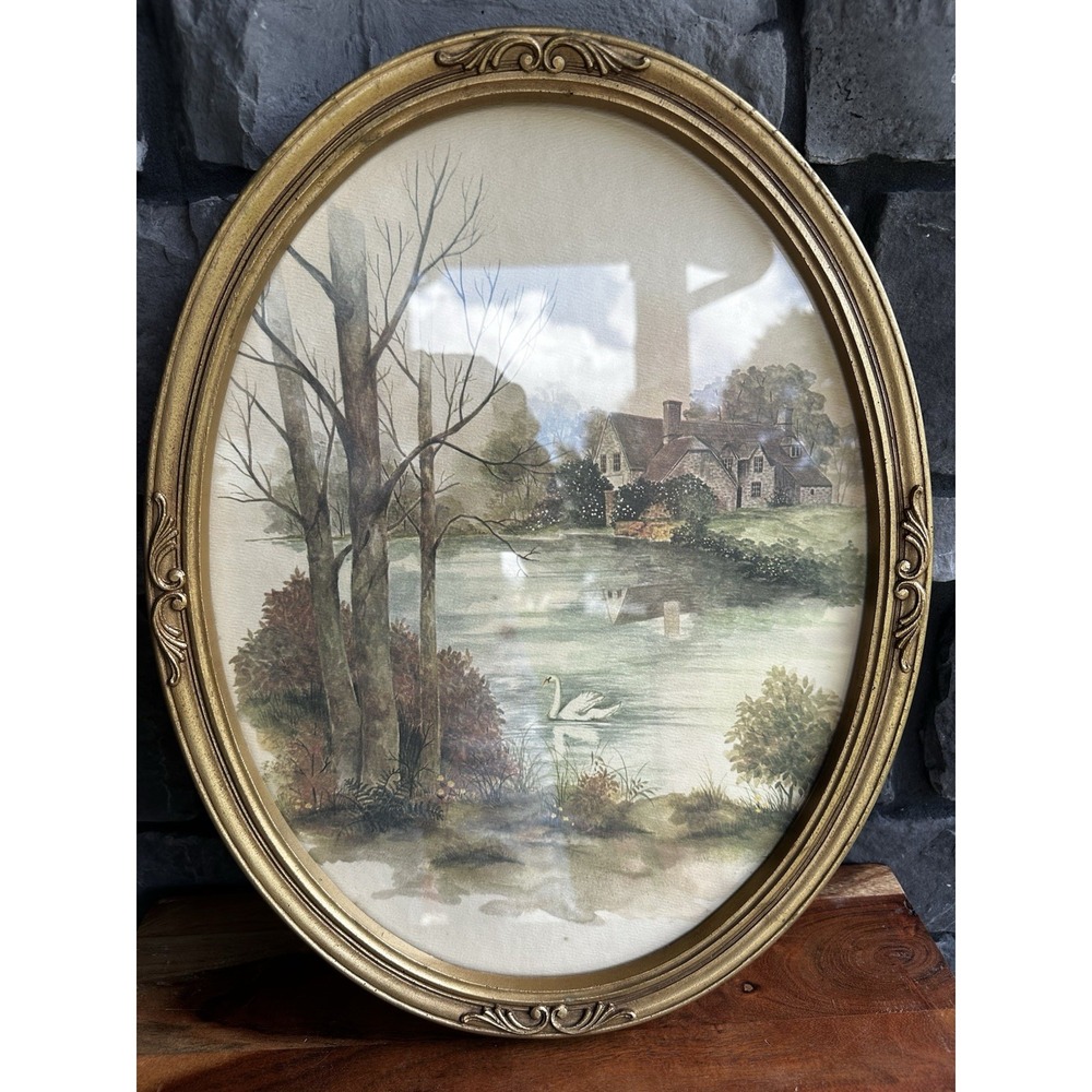 Vintage Homco Home Interiors Framed Oval Wall Print Swan 13x17" Country Cottage